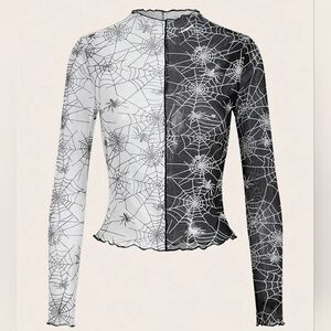 NWOT Black and White Mesh Spiderweb Mock Neck Top S (4)